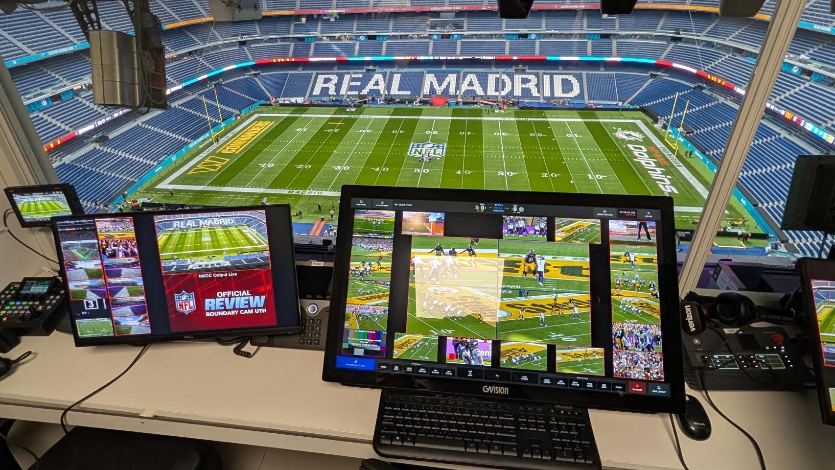 La tecnología Hawk-Eye ('ojo de halcón') de Sony instalada en una cabina del Bernabéu.
