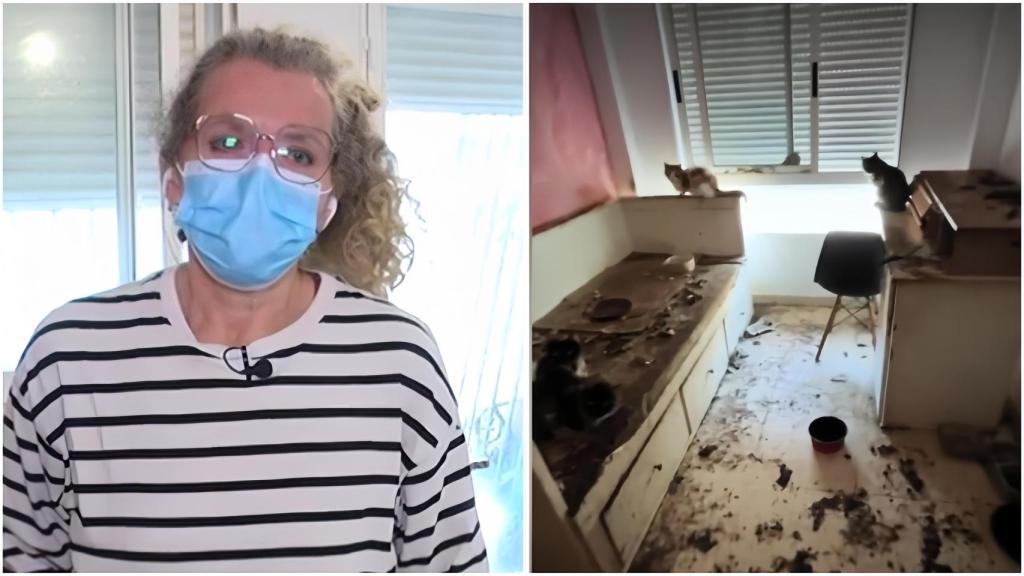 Fotomontaje de Kathi Díaz y el estado de su piso tras el desalojo de su inquiokupa.