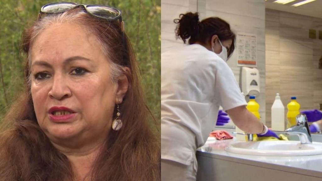 Margarita y una persona haciendo trabajo de limpieza.