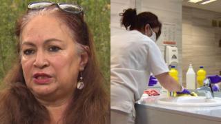 Margarita y una persona haciendo trabajo de limpieza.