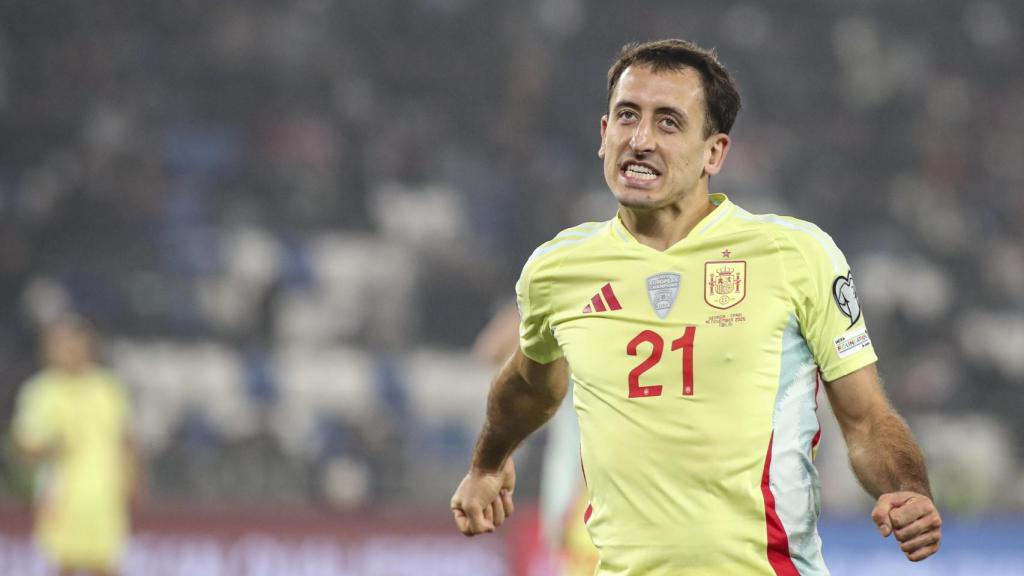 Oyarzabal furiously celebrates one of his goals against Georgia.