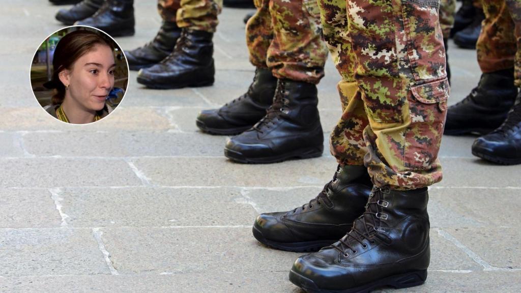 Montaje de una imagen de stock del servicio militar y de la joven.