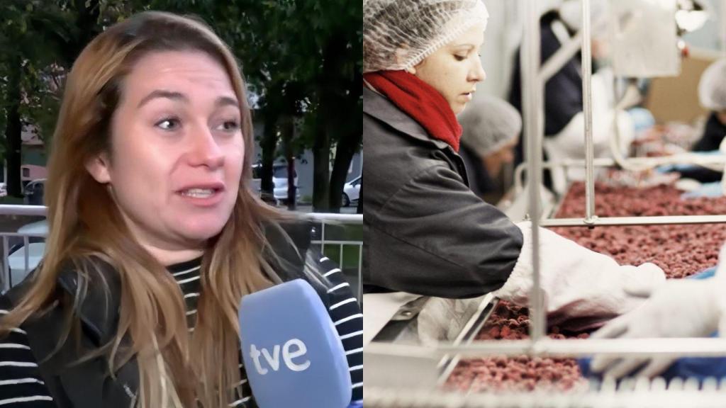 La trabajadora dando su testimonio y una persona trabajando en una fábrica de congelados (iStock).