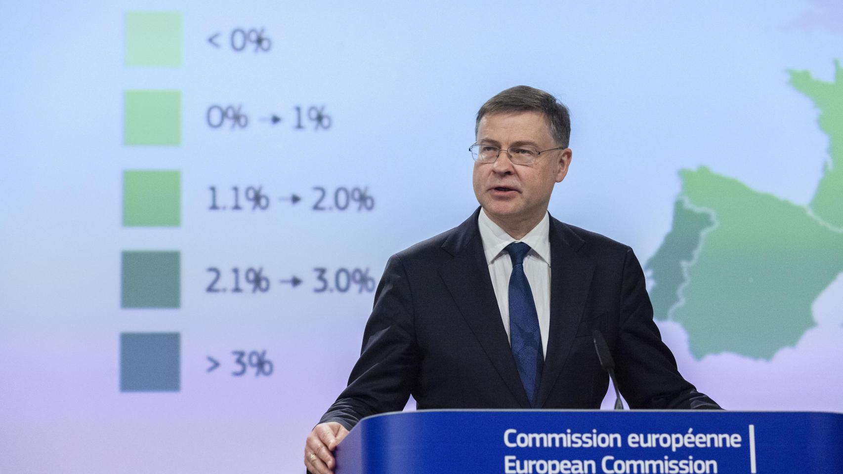 El comisario de Asuntos Económicos, Valdis Dombrovskis, durante una rueda de prensa