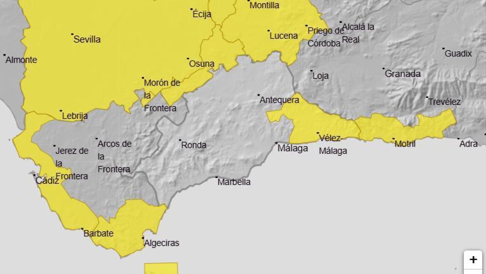 Mapa de la Aemet de los avisos por fuertes lluvias en Andalucía.