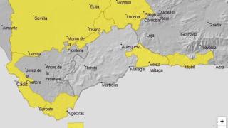 Mapa de la Aemet de los avisos por fuertes lluvias en Andalucía.