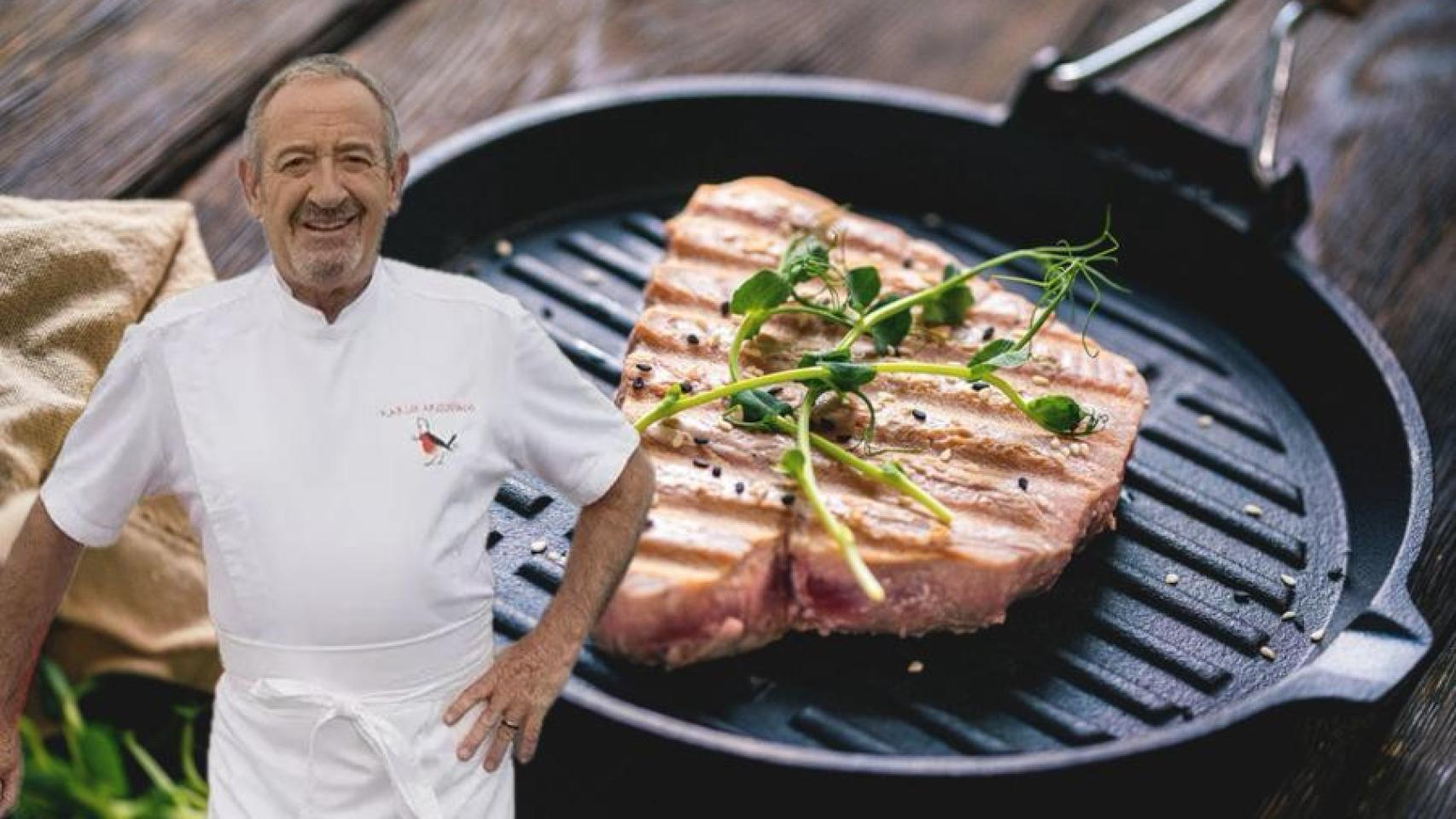 El chef Karlos Arguiñano junto a una sartén con atún.
