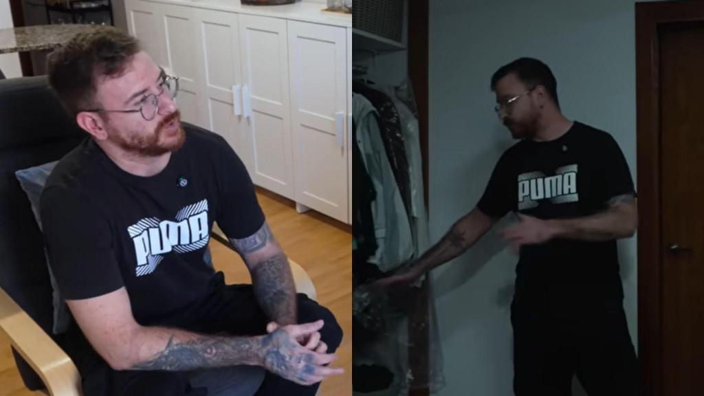 Montaje con dos imágenes de Lucas mostrando el mini piso en el que vive.