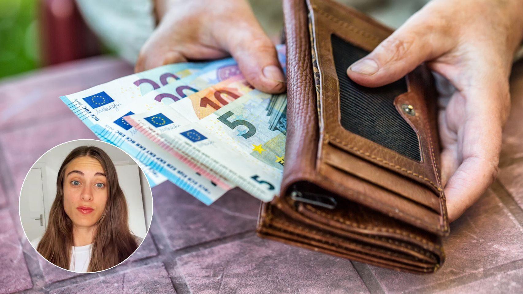 Mujer pensionista revisando sus ahorros y la experta fiscal Irene (@tuexpertafiscal en TikTok).