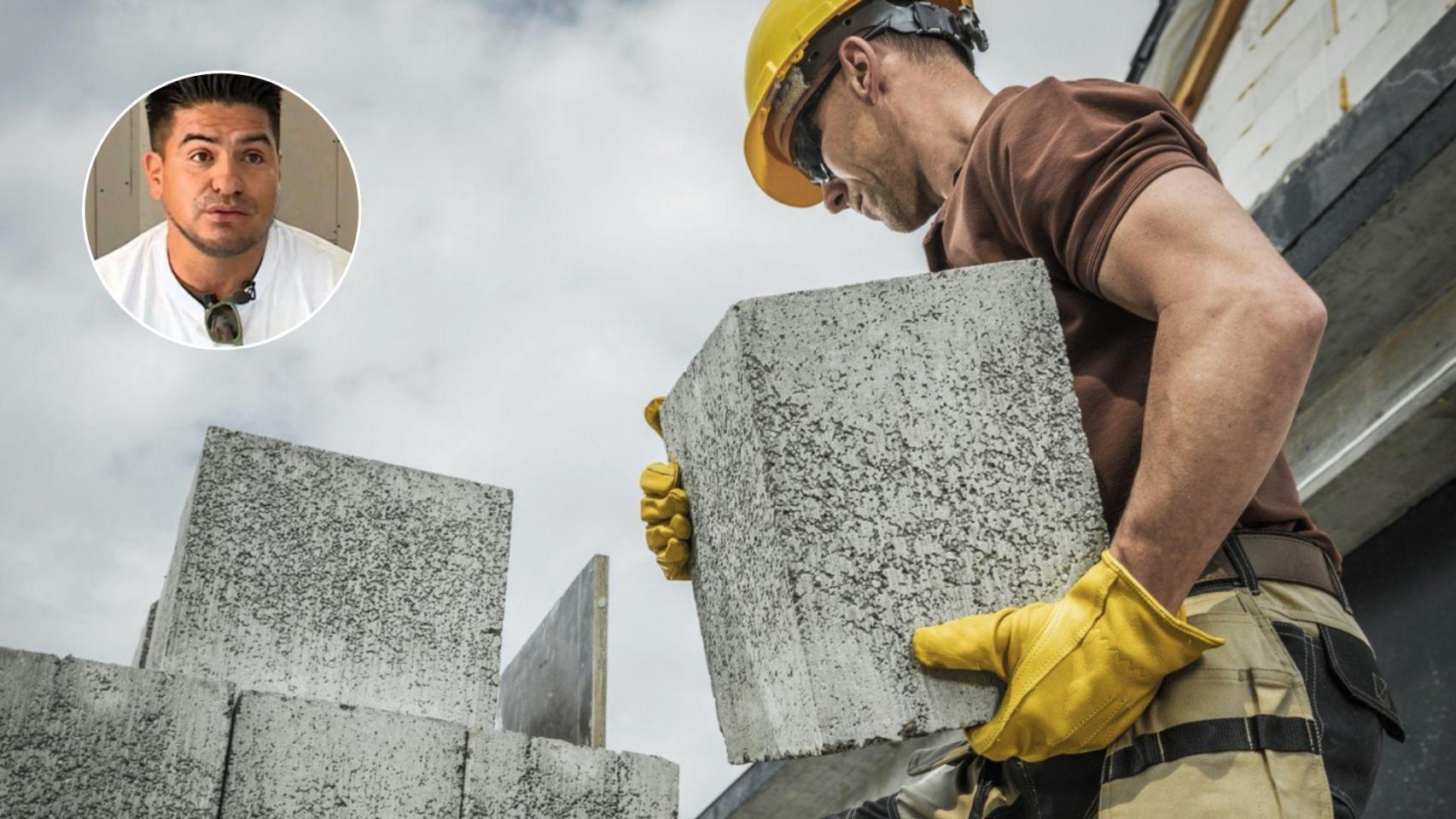 Montaje con una imagen de archivo de un albañil y una imagen de Andrés.