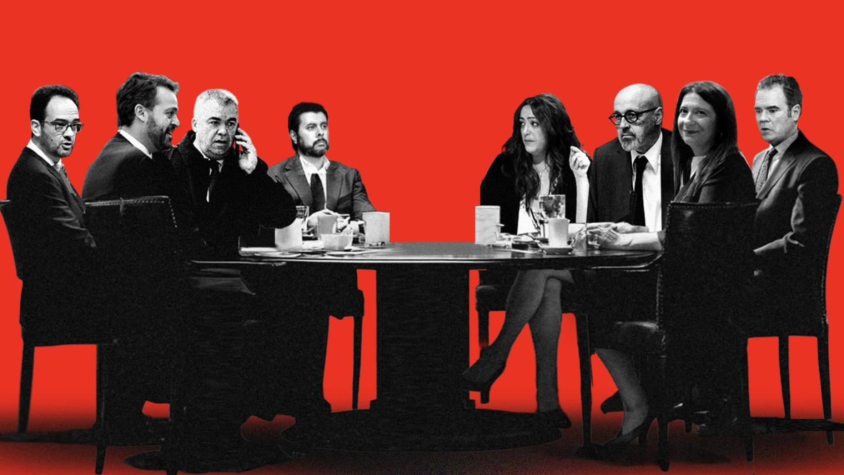 Fotomontaje de la 'reunión de los ocho' en Ferraz. De izquierda a derecha, Antonio Hernando, Juanfran Serrano, Santos Cerdán, Ion Antolín, Patricia López, Jacobo Teijelo, Leire Díez y Pérez Dolset.