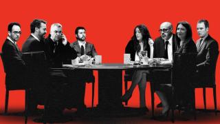 Fotomontaje de la 'reunión de los ocho' en Ferraz. De izquierda a derecha,