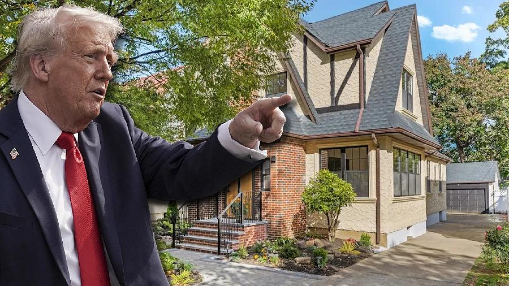 Donald Trump junto a su casa de la infancia en un montaje de JALEOS.