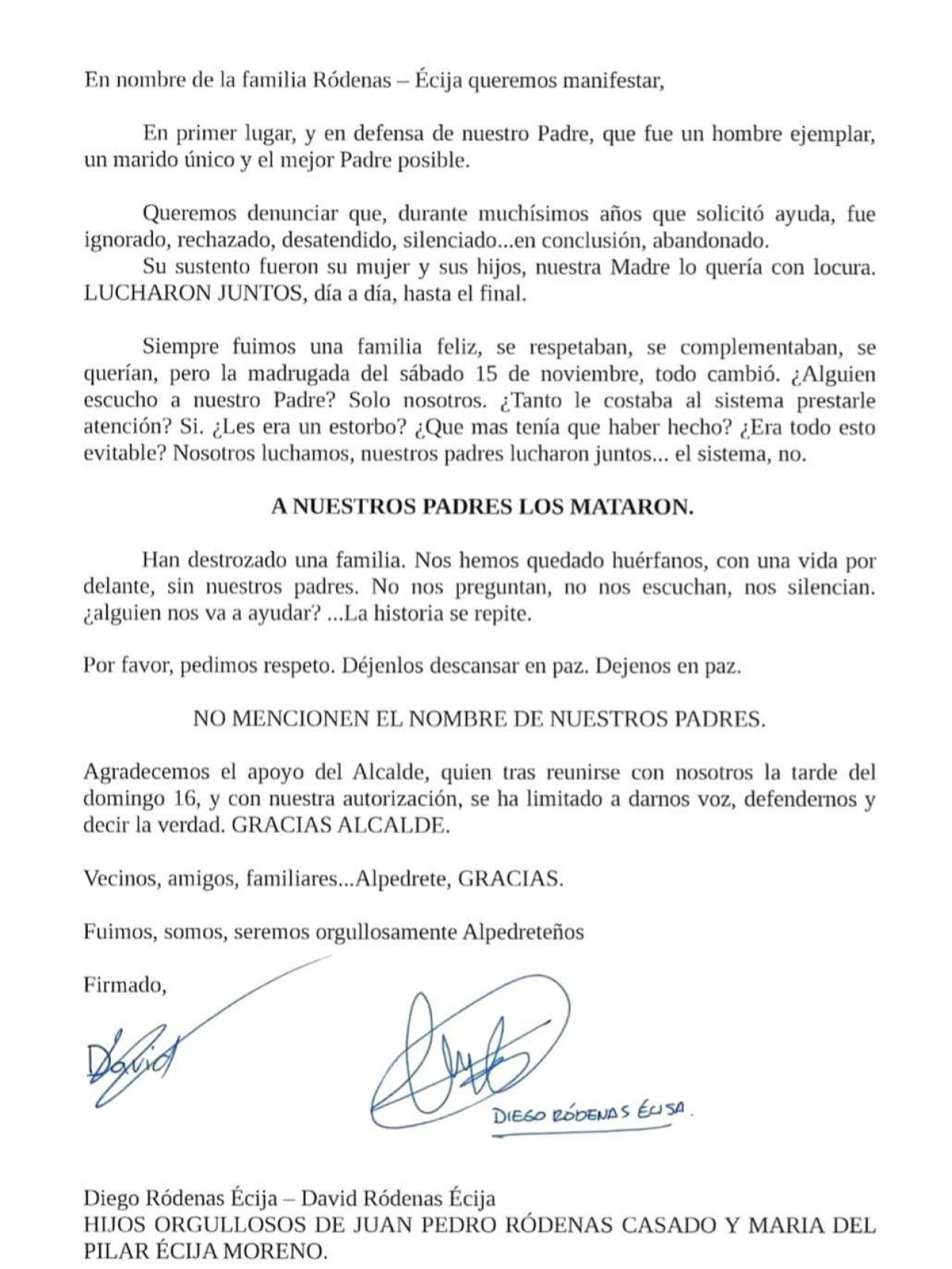 La carta publicada por los hijos del matrimonio hallado muerto en Alpedrete.