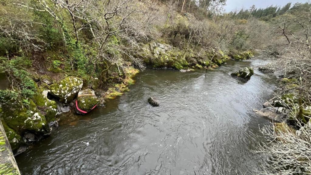 El río Ulla, visto desde el puente de Mourazos. En la orilla izquierda la piedra con la inscripción antes de ser movida.
