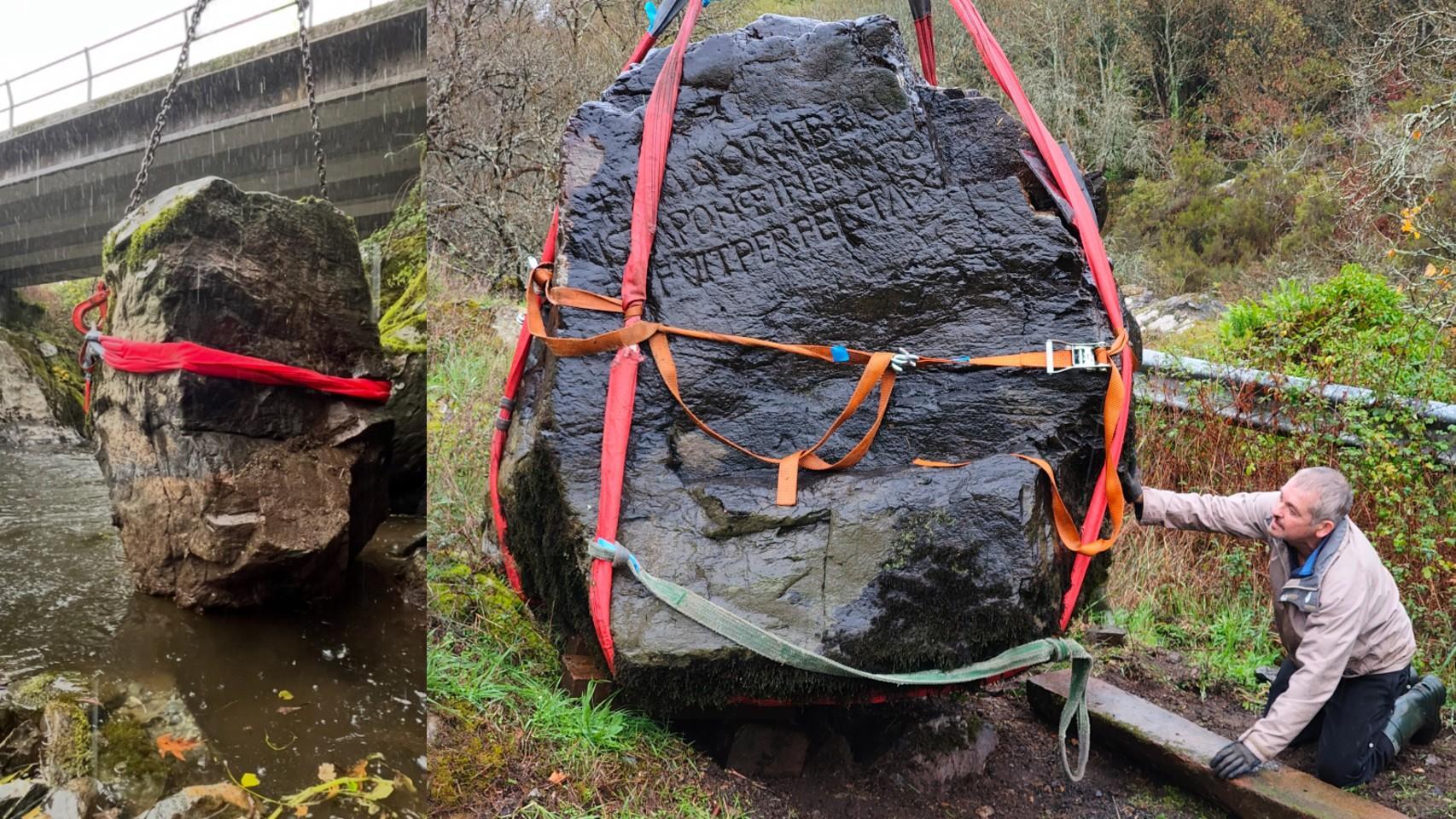 El arqueólogo Miguel Ángel López Marcos durante la intervención en la pedra de Mourazos.