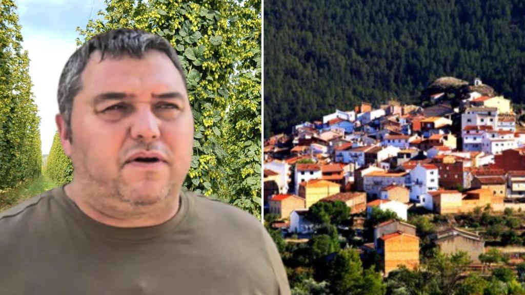 Collage de una foto de Rubén junto a una plantación de lúpulo y una vista aérea de Santa Cruz de Moya (Cuenca).