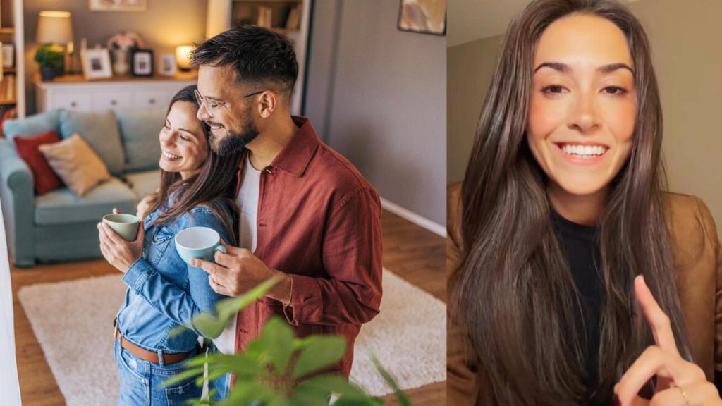 Pareja alegre tomando el café y la creadora de contenido Mar Marti.