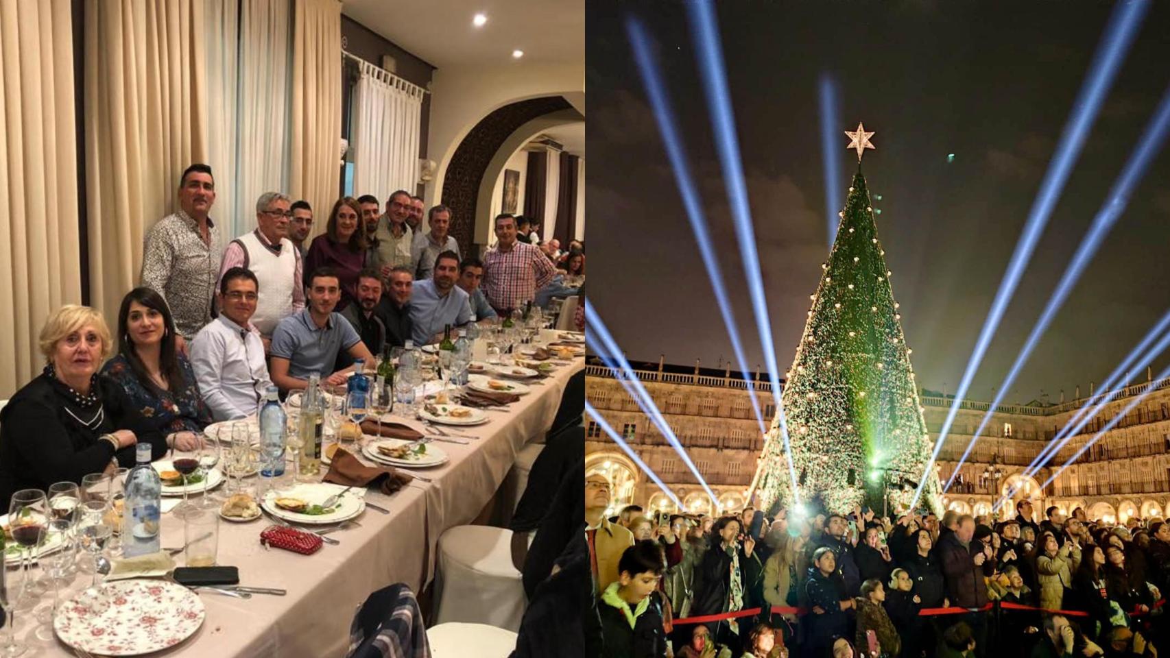 Collage con la familia y plantilla de C. Plaza y su instalación en Salamanca en 2024