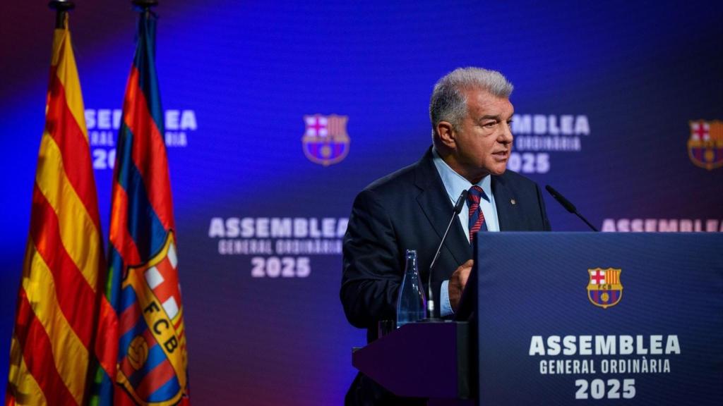 Joan Laporta, durante la comparecencia en la Asamblea Ordinaria del Barça.