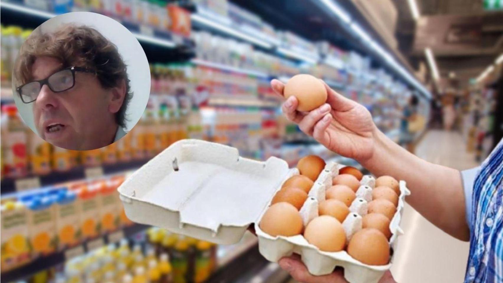 Montaje de César, granjero, y un paquete de huevos.