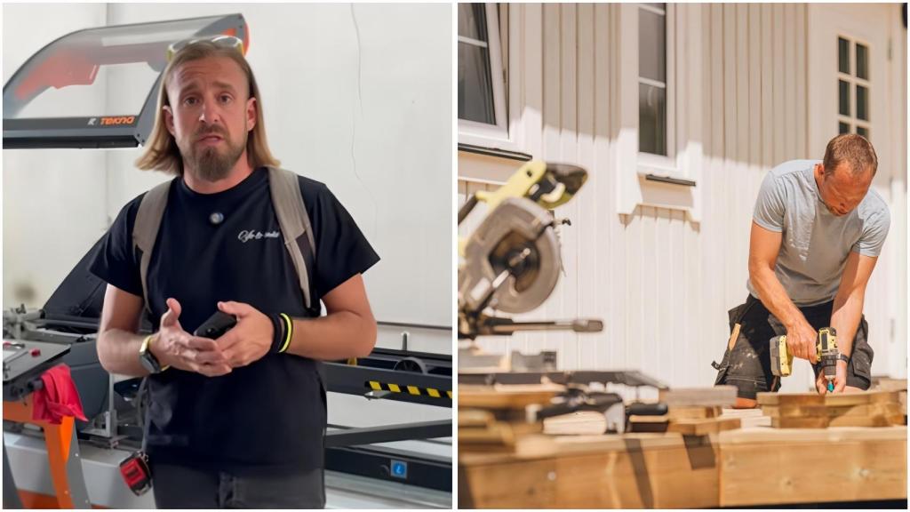 Montaje de Carlos Sancho y una imagen de un carpintero con un taladro.