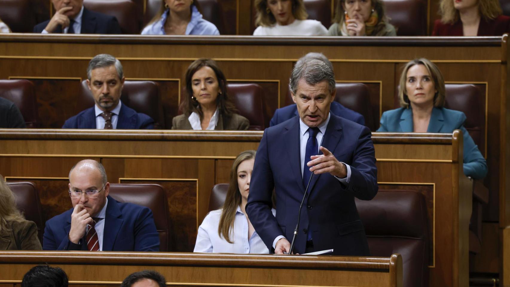El líder del PP, Alberto Núñez-Feijóo, se dirige a Pedro Sánchez durante la sesión de control en el Congreso.