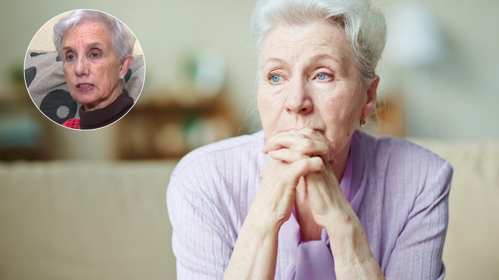 Una mujer mayor pensativa y Paqui, madre que ha desheredado a su hijo.