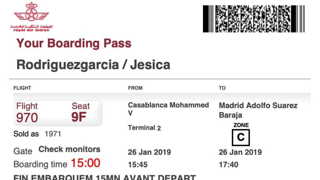 La tarjeta de embarque de Jésica Rodríguez para su viaje a Marruecos en 2019.