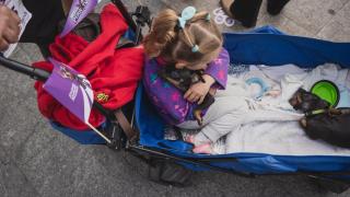 Una niña con un cachorro en brazos.