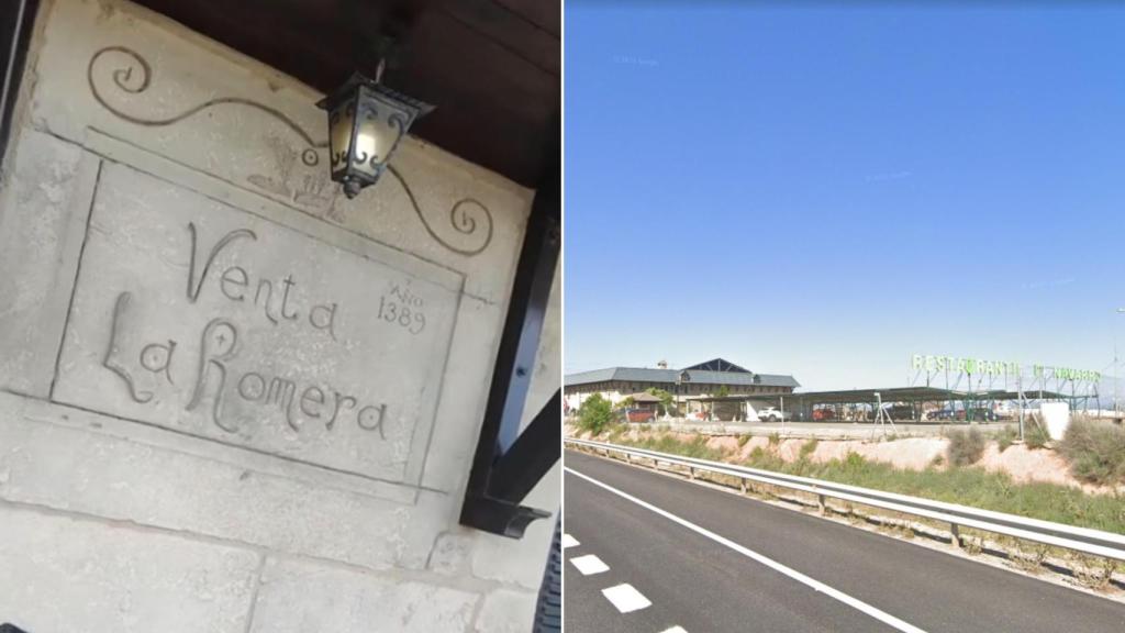 Insignia en la fachada de Venta la Romera y vistas al restaurante desde las afueras