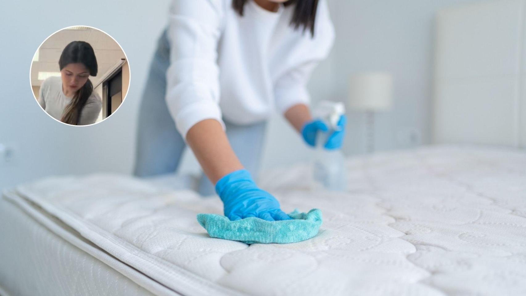 Montaje con una imagen de archivo de una trabajadora de la limpieza y una imagen de Claudia.