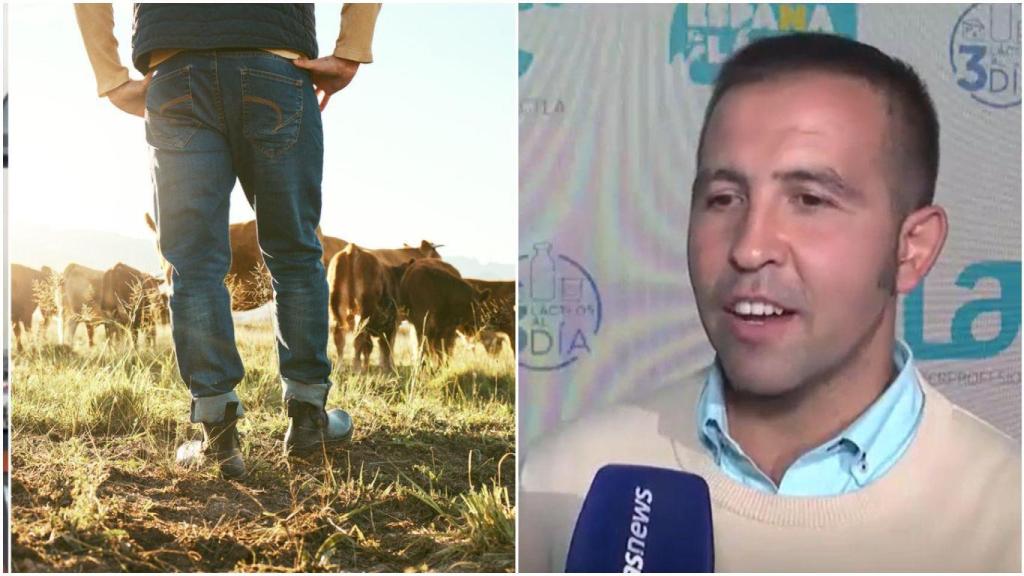 Montaje de Carlos García y una imagen de un ganadero junto a sus vacas.