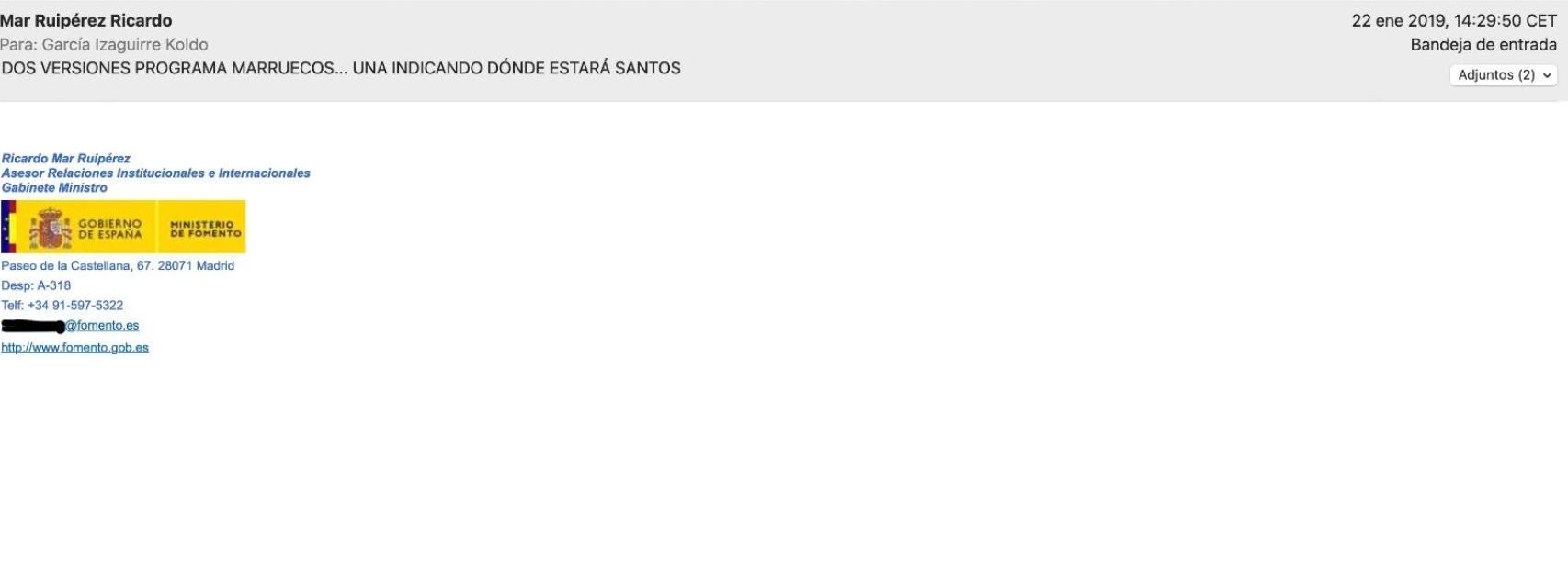 Imagen del correo del ministerio de Transportes en el que se cuela a Santos Cerdán en el viaje a Marruecos.