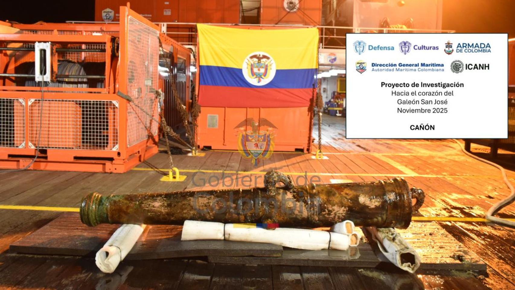 El cañón recuperado en el pecio del galeón 'San José'.