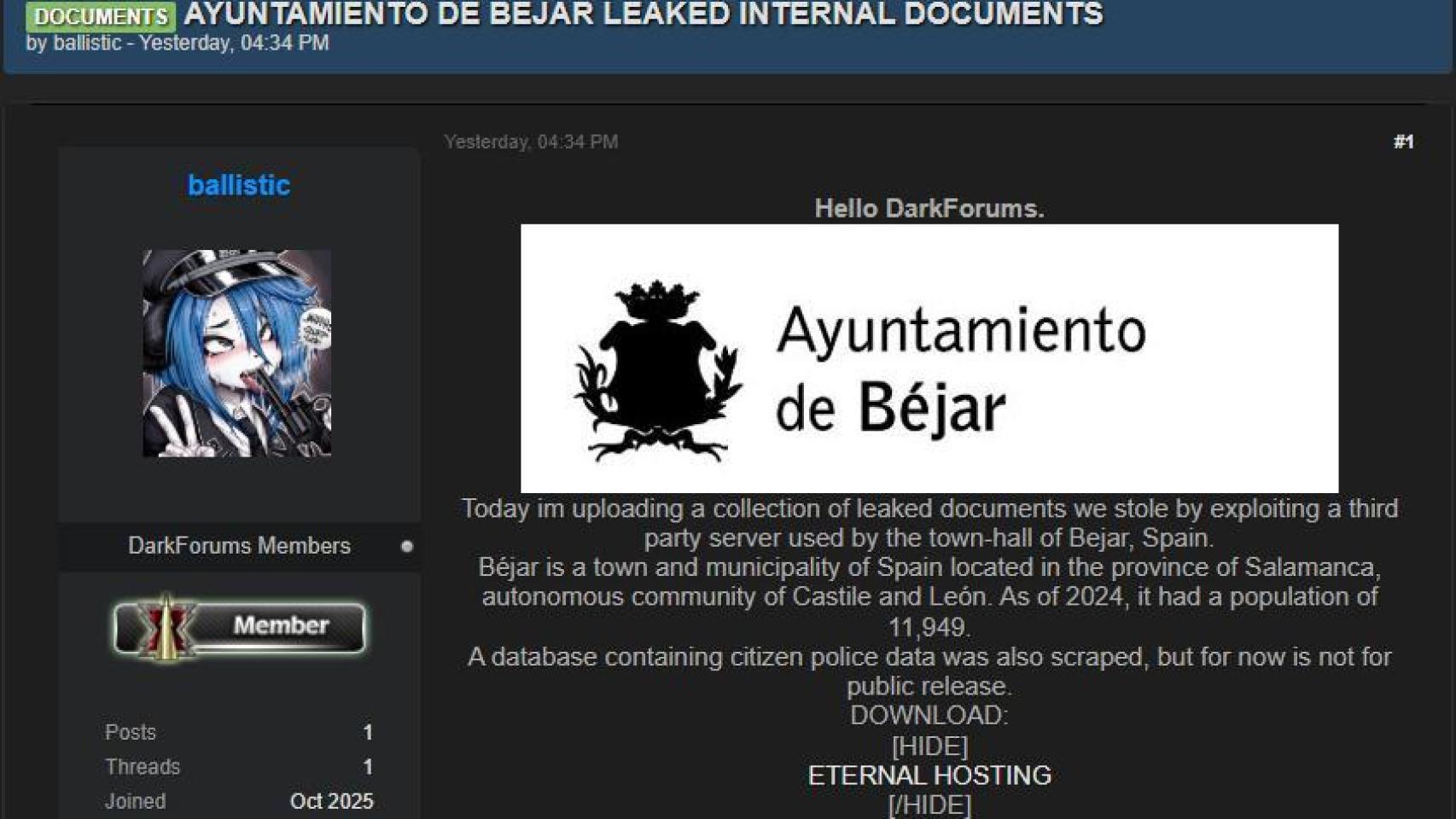 Mensaje del hacker que habría efectuado el ciberataque en el Ayuntamiento de Béjar