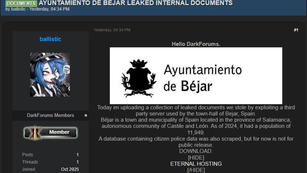 Mensaje del hacker que habría efectuado el ciberataque en el Ayuntamiento de Béjar