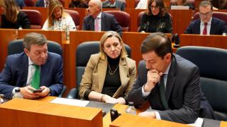 El consejero de la Presidencia de la Junta de Castilla y León, Luis Miguel González Gago, la vicepresidenta y consejera de Familia e Igualdad de Oportunidades, Isabel Blanco, y el presidente de la Junta, Alfonso Fernández Mañueco, en el pleno de las Cortes de este jueves