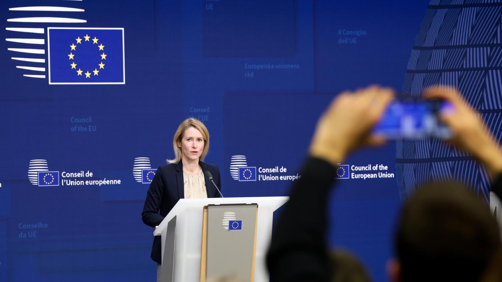 La jefa de la diplomacia europea, Kaja Kallas, durante la rueda de prensa de este jueves en Bruselas