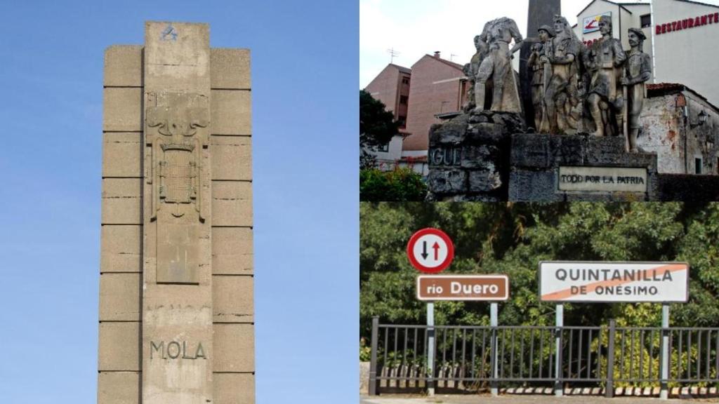 Monumento al general Emilio Mola en el municipio burgalés de Alcocero de Mola, monumento al general Juan Yagüe en la localidad soriana de San Leonardo de Yagüe, y señal de entrada al municipio vallisoletano de Quintanilla de Onésimo, en un montaje de EL ESPAÑOL