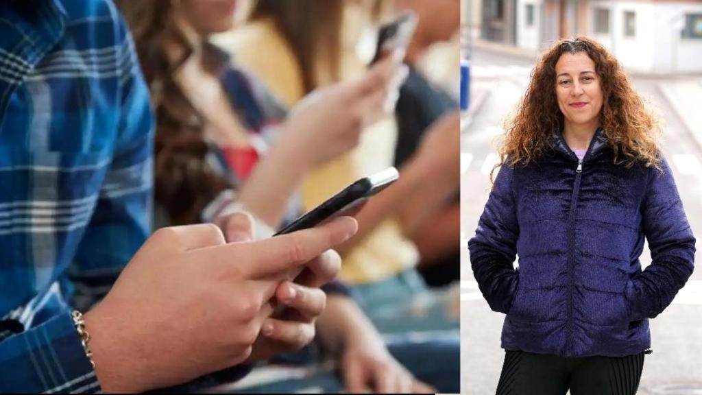 Un grupo de niños usando teléfonos móviles y la portavoz de la asociación Adolescencia Libre de Móviles (ALM) en Valladolid, Noelia Muelas, en un montaje de EL ESPAÑOL