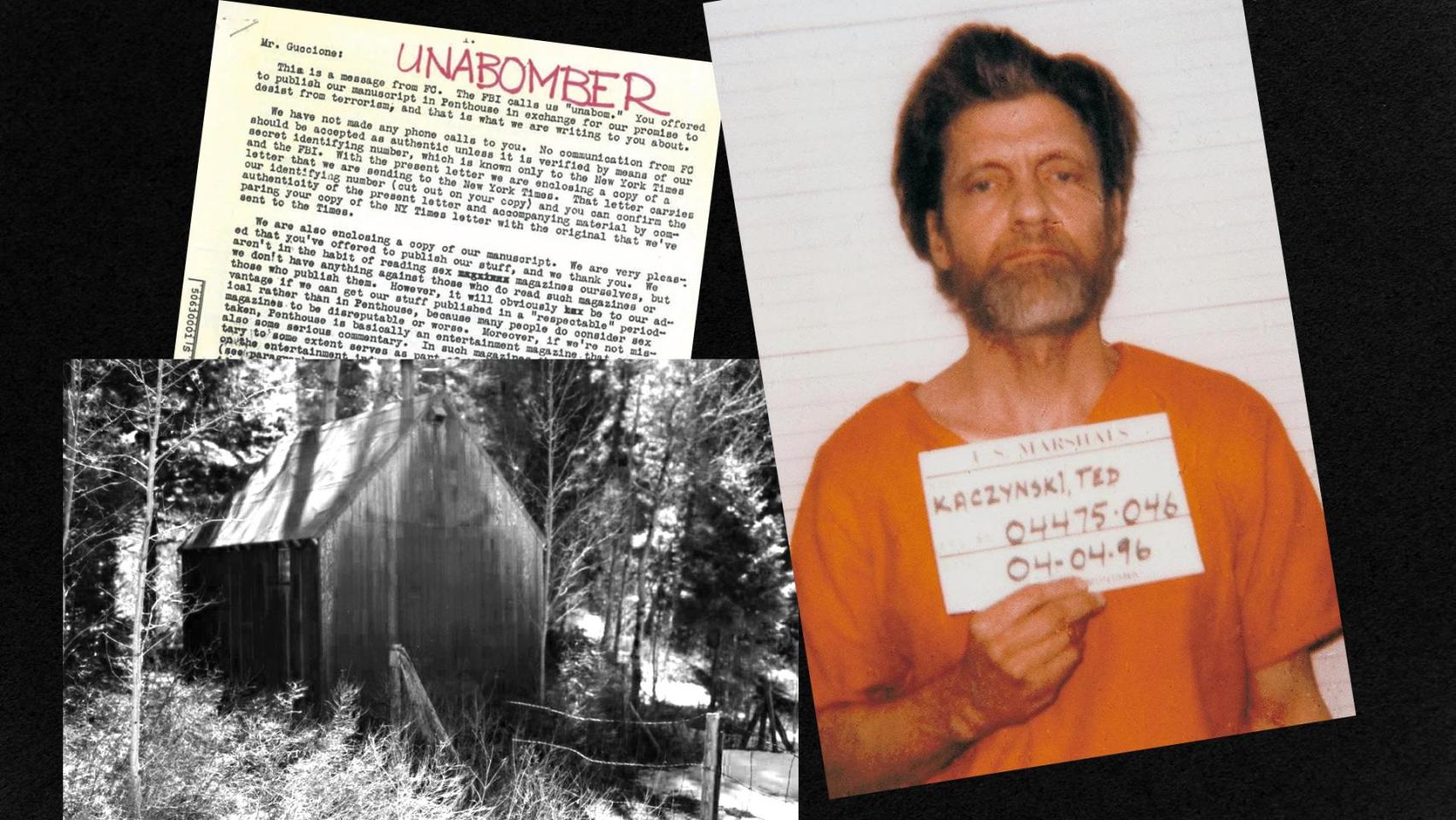 Theodore Kaczynski con la carta que mandó a varios medios y la cabaña donde vivió durante más de 20 años. Diseño: Rubén Vique