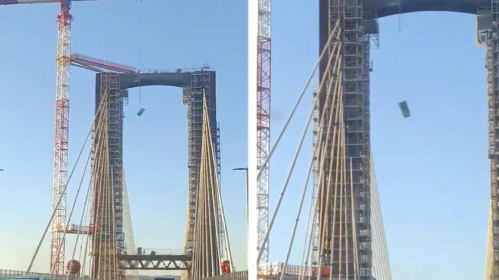 Imagen de la caída de un baño portátil desde el Puente del V Centenario.