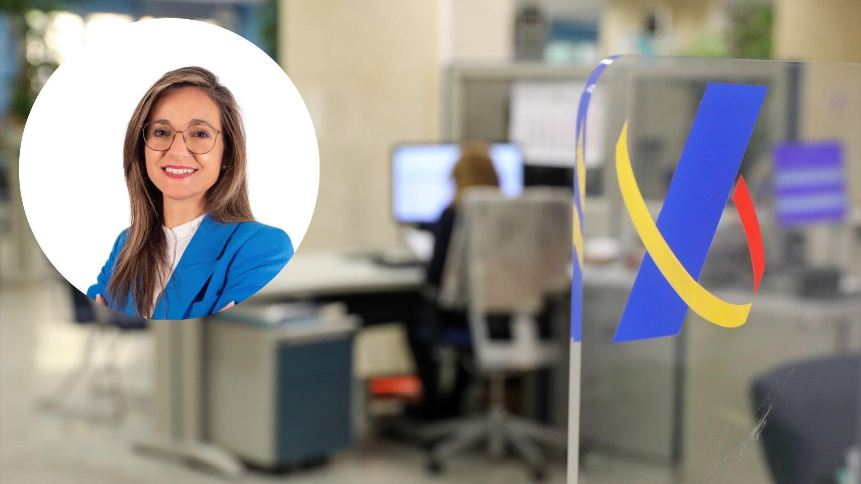 Montaje de Loly Vázquez con una imagen de una oficina de Hacienda.