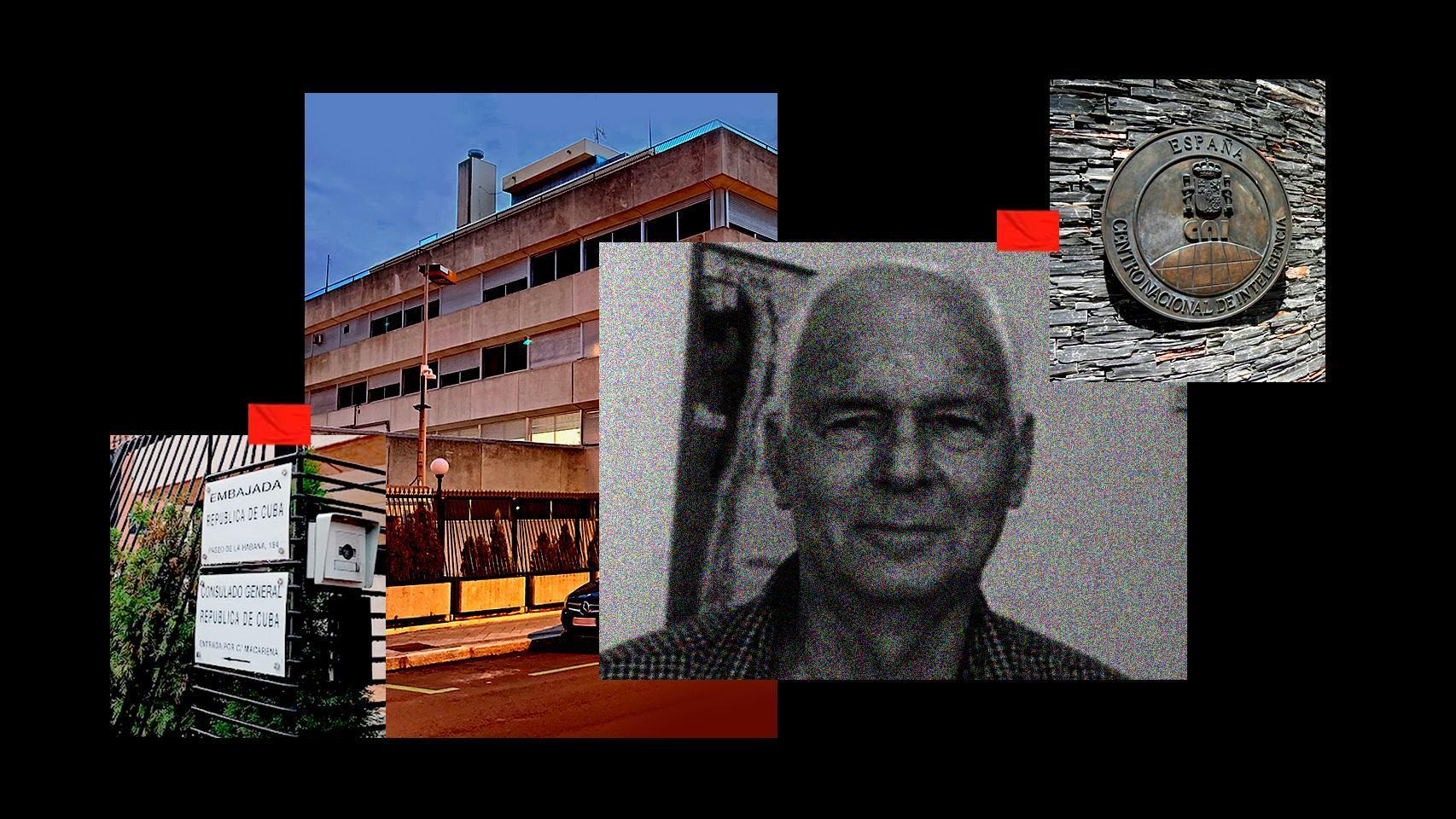 La embajada de Cuba en Madrid, la sede del Centro Nacional de Inteligencia (CNI) y la imagen de Armando Rosendo Guerra Funcasta, el diplomático señalado por fuentes de seguridad como pieza clave en la red cubana en España.