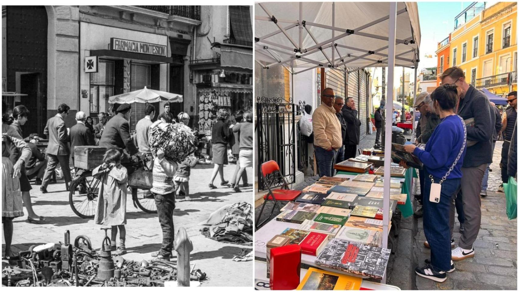 Un montaje sobre el mercadillo El Jueves de Sevilla con una foto reciente y otra antigua.