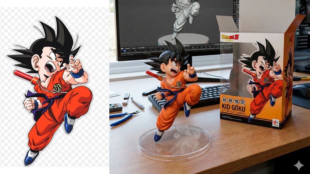 Imagen de referencia a la izquierda y a la derecha generada con Nano Banana Pro: Goku como si fuera una figura real