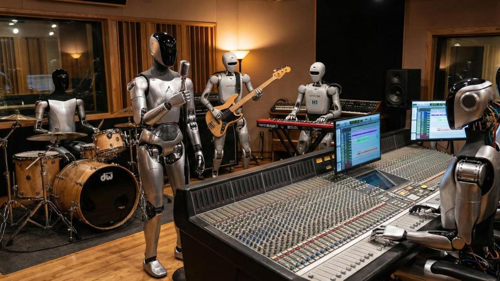 Robots tocando música en un estudio de grabación