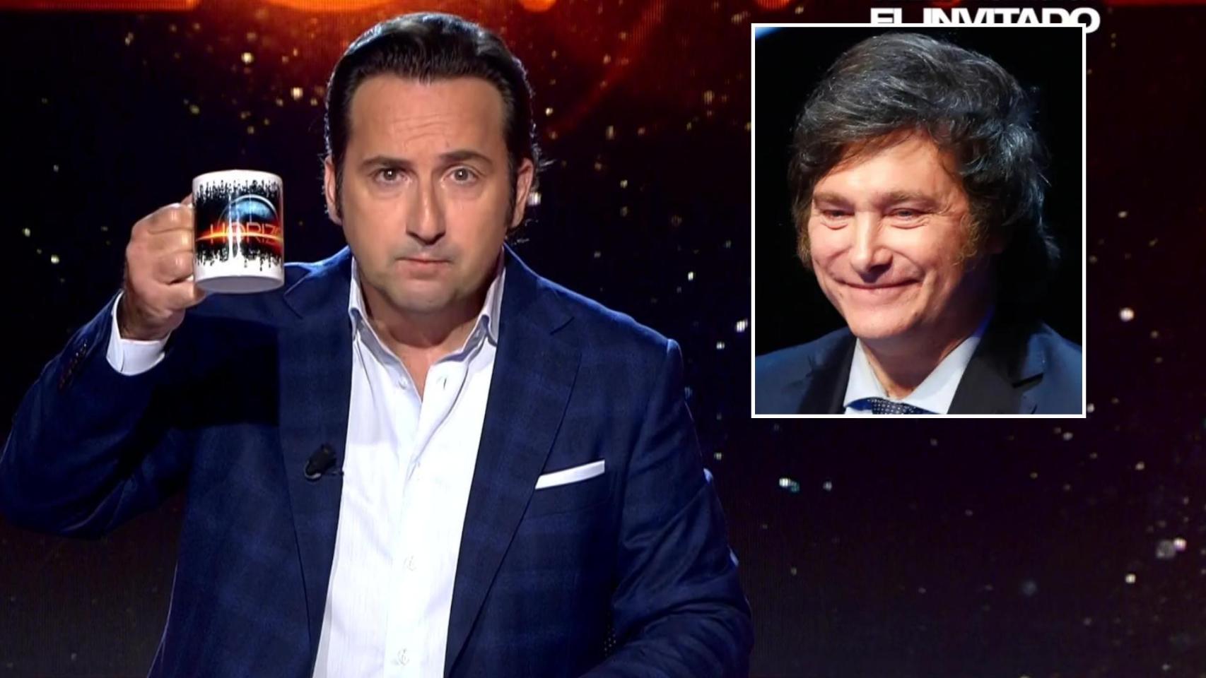 Iker Jiménez en 'Horizonte' y una imagen de archivo de Javier Milei.