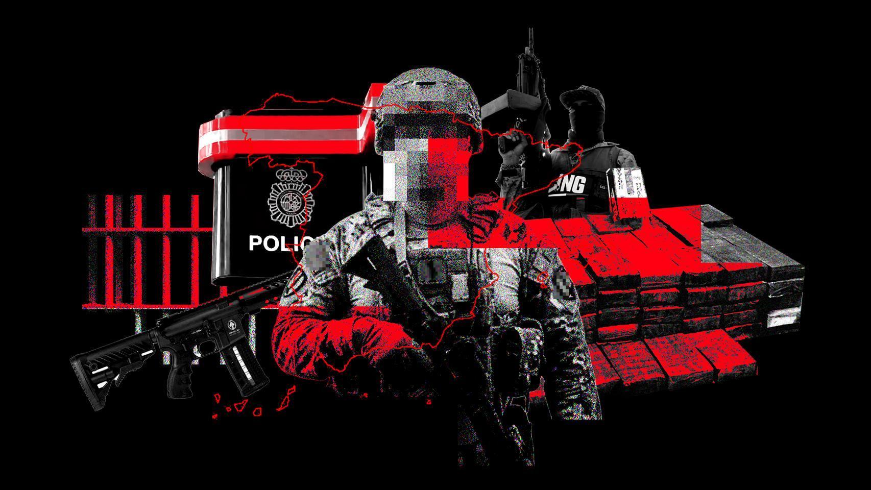 En el primer plano, el rostro difuminado de Juan Francisco —el químico mexicano que estableció en España el primer laboratorio del CJNG— armado con una Carabina M4, y otros elementos relacionados con el considerado el cártel más peligroso del mundo.